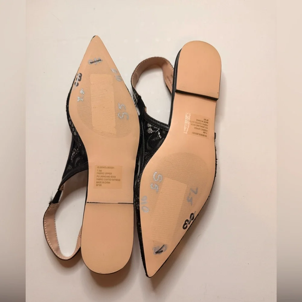Steve Madden Black Lace Pointed Slingback Mules with White-Trim Straps - Picture 2 of 3